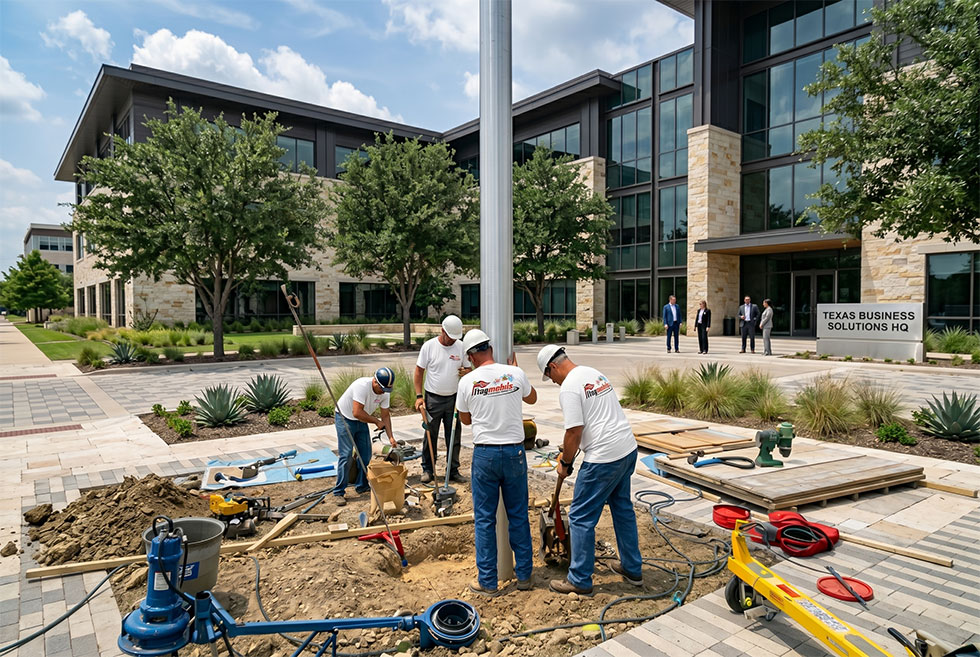 A team from Flag Mobile installing a flagpole in front of a commercial property in Plano. Texas.
