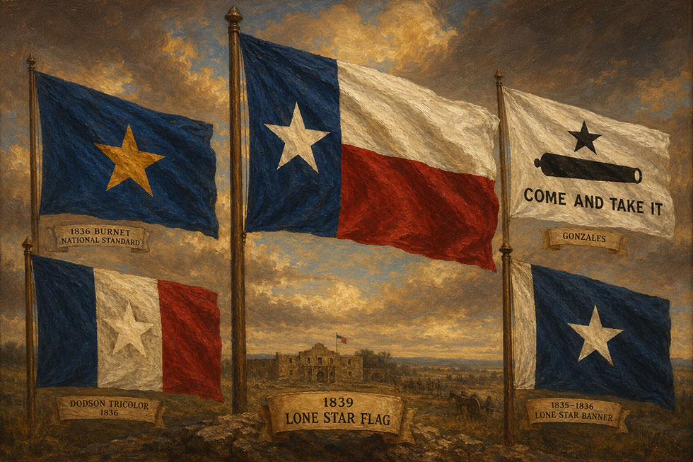 Modern Texas flag surrounded by earlier Texas banners in an oil painting showing the history behind the 1839 Lone Star design.
