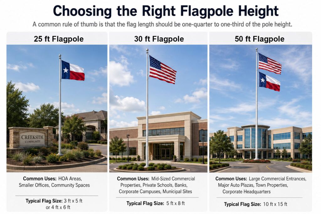 Flagpole height comparison showing 25 ft, 30 ft, and 50 ft brushed aluminum poles with Texas and American flags.