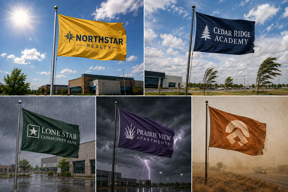 Custom logo flags facing North Texas sun, wind, rain, thunderstorms, and airborne dust.